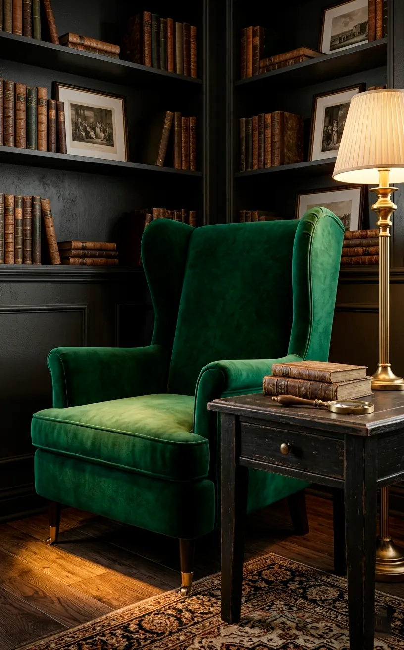 Emerald green velvet wingback chair in a moody library corner with brass legs.
