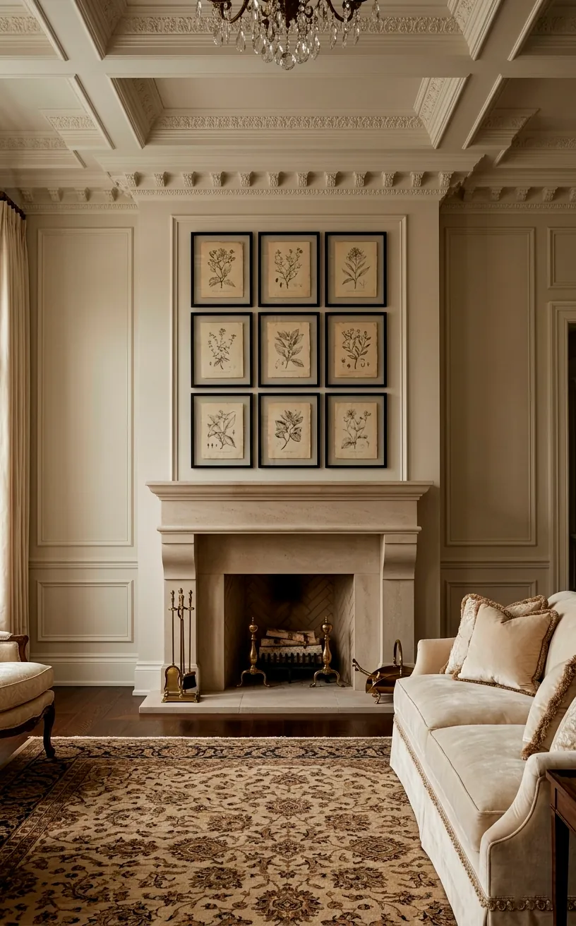Symmetrical 3x3 grid of black botanical art frames hanging above a stone fireplace mantel.
