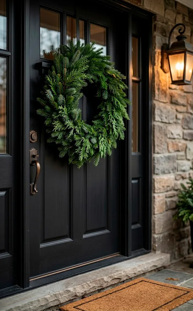 Thick Douglas fir evergreen wreath on a black front door, high-quality base for styling.