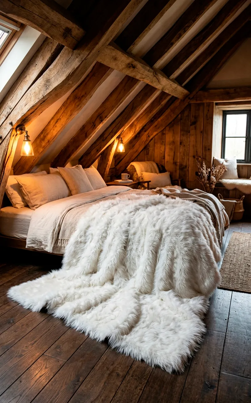 Oversized white faux fur throw blanket draped over a low bed in a cozy slanted attic room