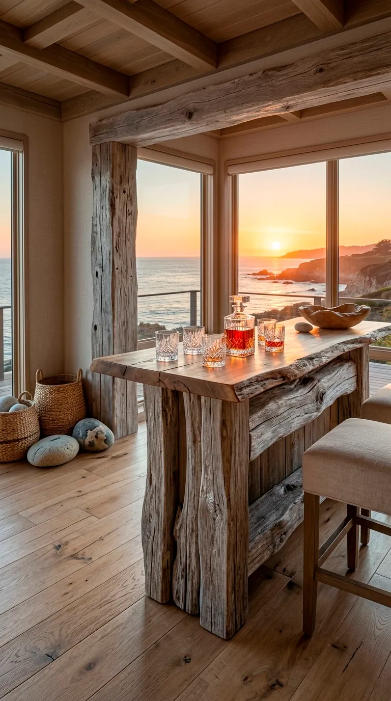 Vertical shot of a luxury driftwood home bar with a silver-gray patina overlooking a Pacific sunset.