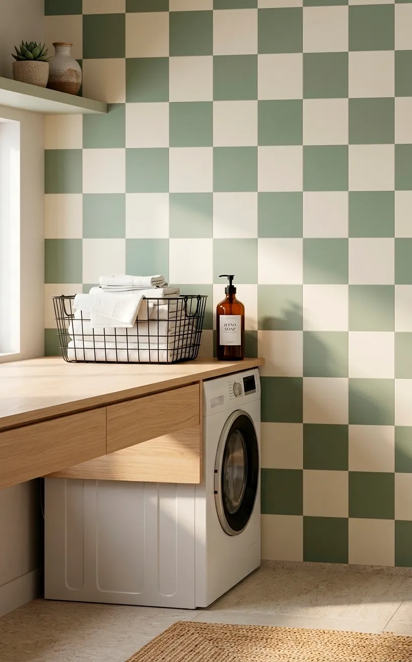 An oversized sage green and cream checkerboard accent wall in a modern laundry room with white washer.