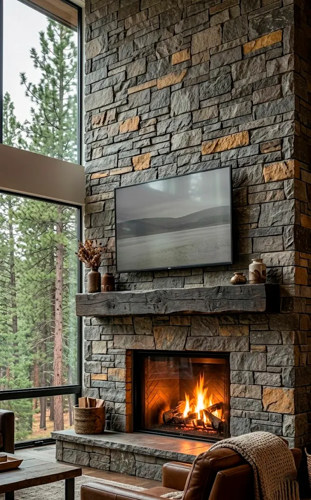Vertical shot of a dramatic ledger stone fireplace wall with a TV and timber mantel.
