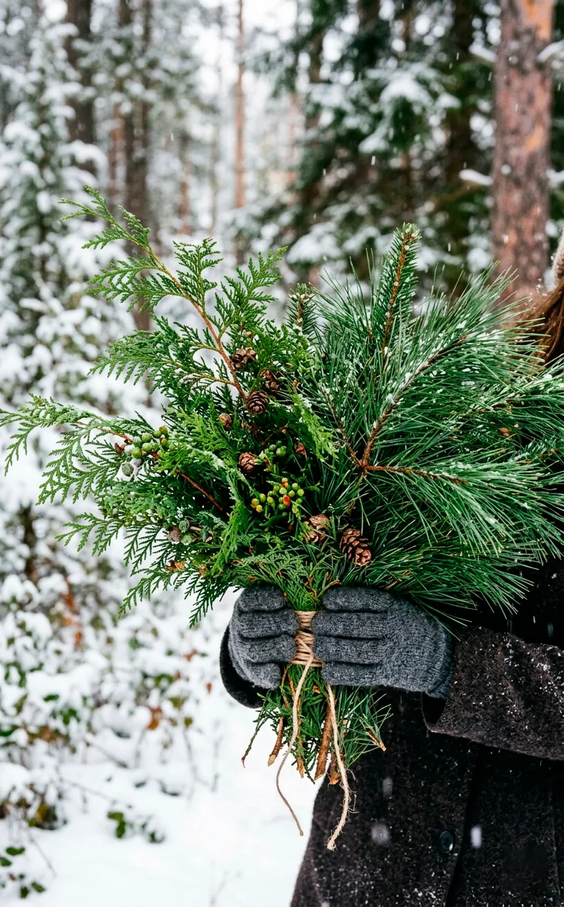 Beautiful close-up of gloved hands holding vibrant fresh cedar and pine branches during a soft winter snowstorm.