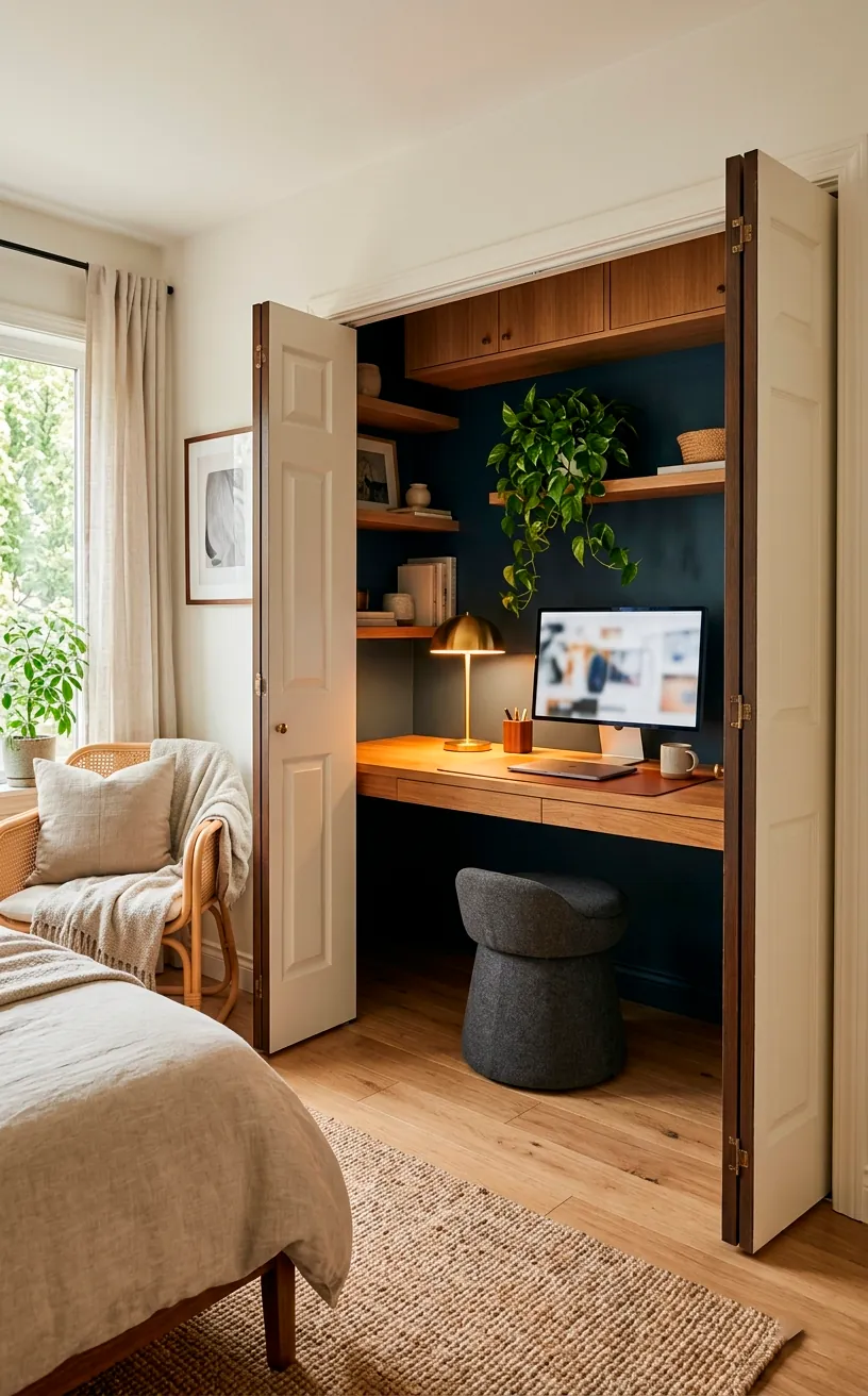 A beautifully organized cloffice featuring a floating oak desk inside an open closet with moody blue walls.