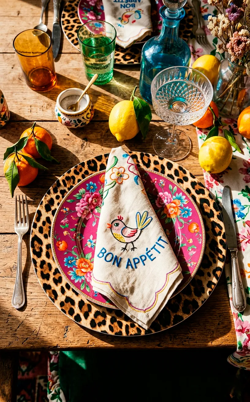 Close up of a maximalist spring table setting with leopard print charger and magenta floral plate.