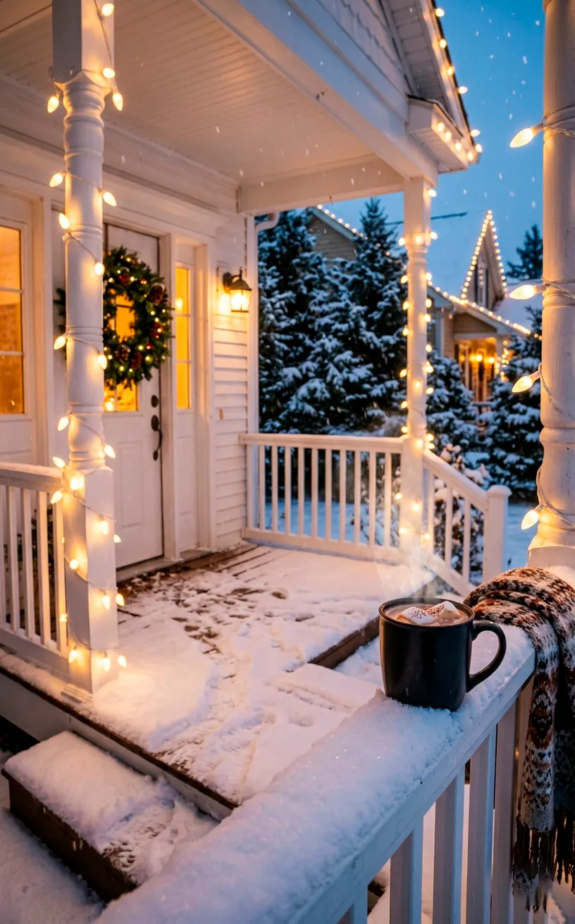 Close up of warm white C9 string lights wrapped around a snowy porch railing next to a mug of hot cocoa