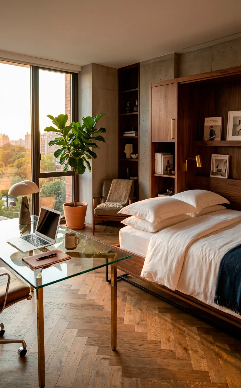 Modern walnut Murphy bed partially folded down in a luxurious home office with golden hour lighting