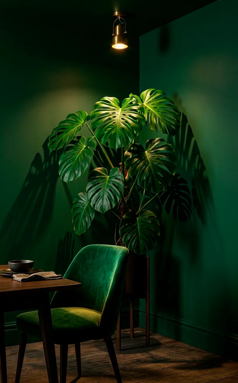 Dark forest green dining room corner with a large lush monstera plant casting moody cinematic shadows.