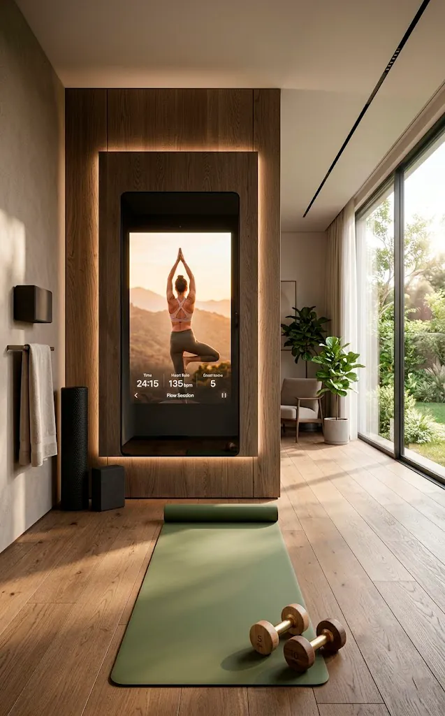 Luxurious modern home gym featuring a sleek glowing smart fitness mirror and a pristine yoga mat.