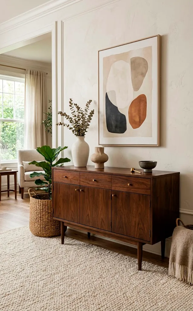 Rich espresso walnut credenza decorated with minimalist ceramics.