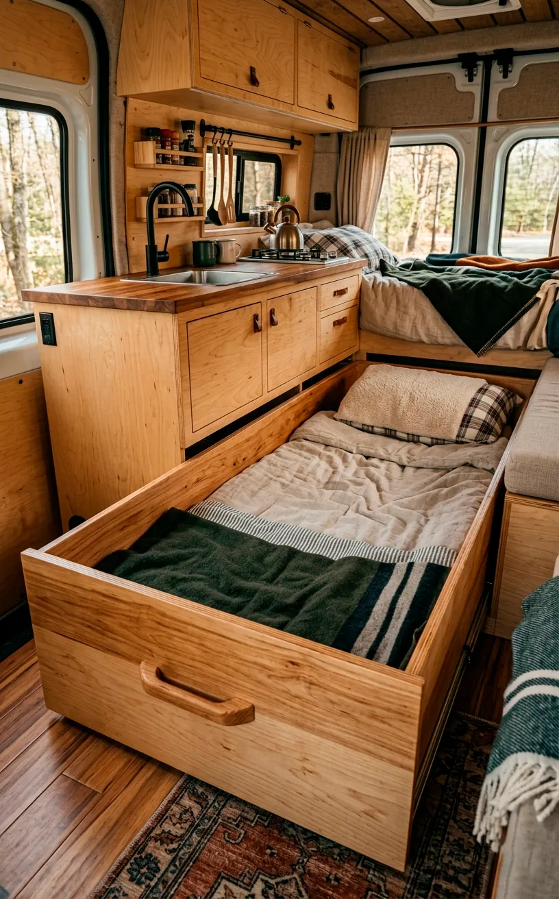 Large wooden drawer containing a mattress pulled out from under an elevated van floor