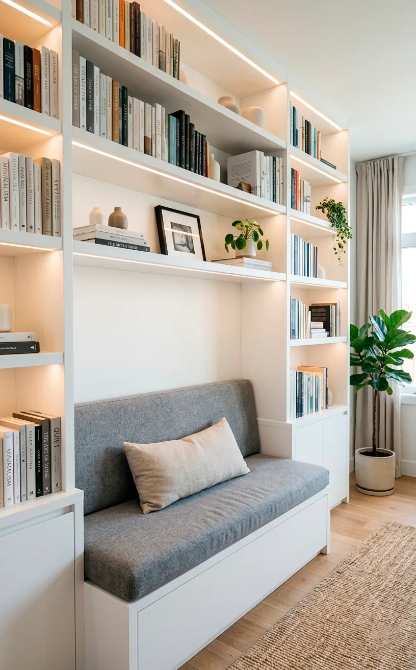 Built-in white bookcase with a deep padded bench on the bottom tier and a beige lumbar pillow.
