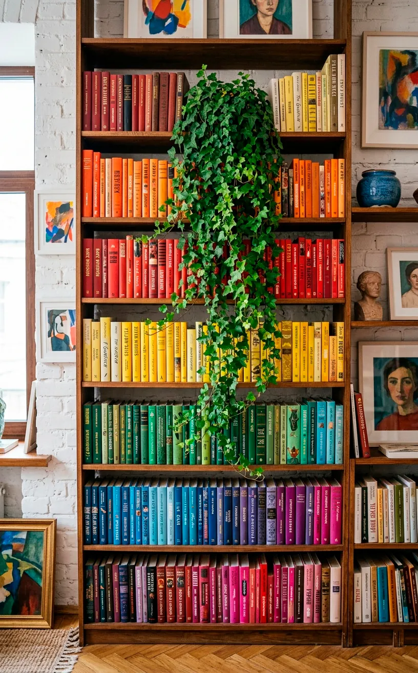 Rainbow organized bookshelf featuring trailing green ivy contrasting against colored book spines.
