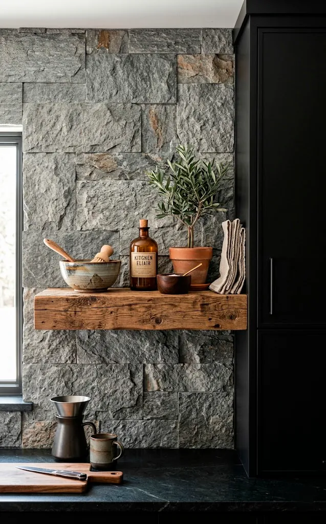 Kitchen backsplash featuring rough textured gray stone paired seamlessly with smooth matte black cabinetry and wood.