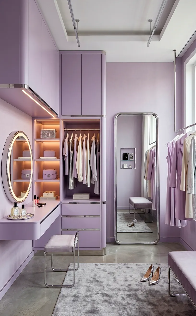 Contemporary lilac dressing room with sleek polished silver chrome accents
