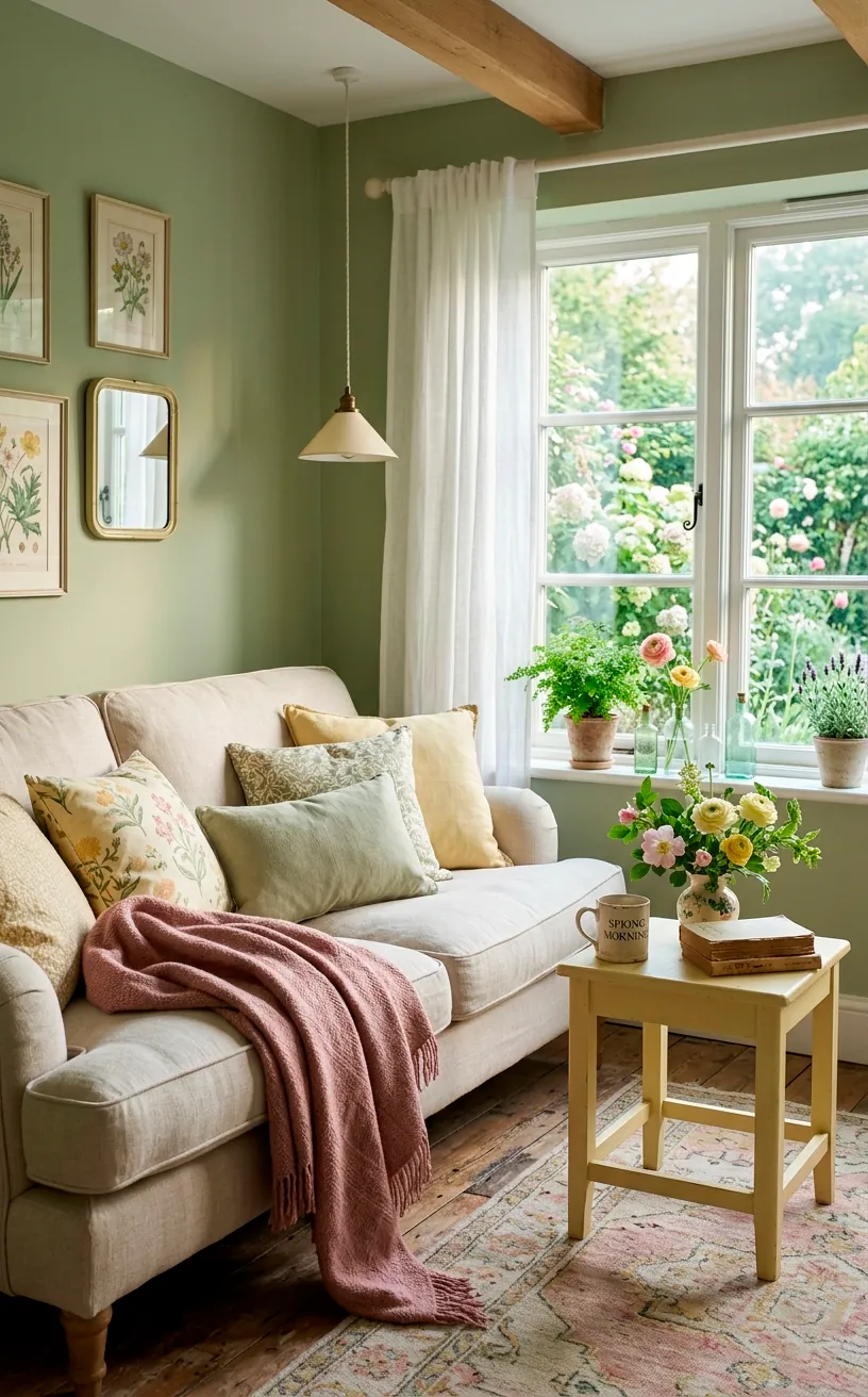 Cottagecore living room with soft sage green walls and a dusty rose throw blanket