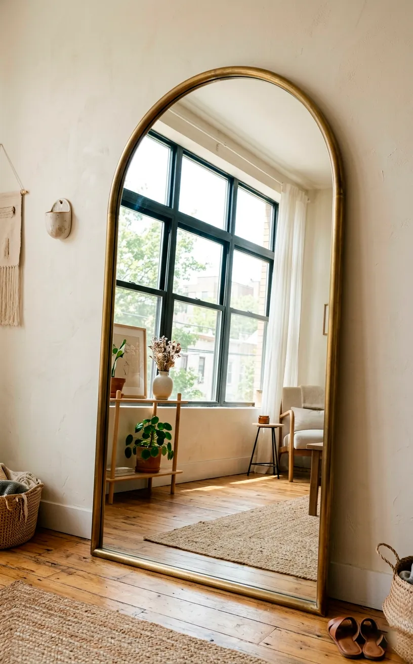 Arched brass floor mirror propped against a cream wall reflecting a bright window