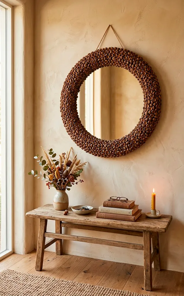 Round wall mirror featuring a textured frame made entirely of natural acorn caps.