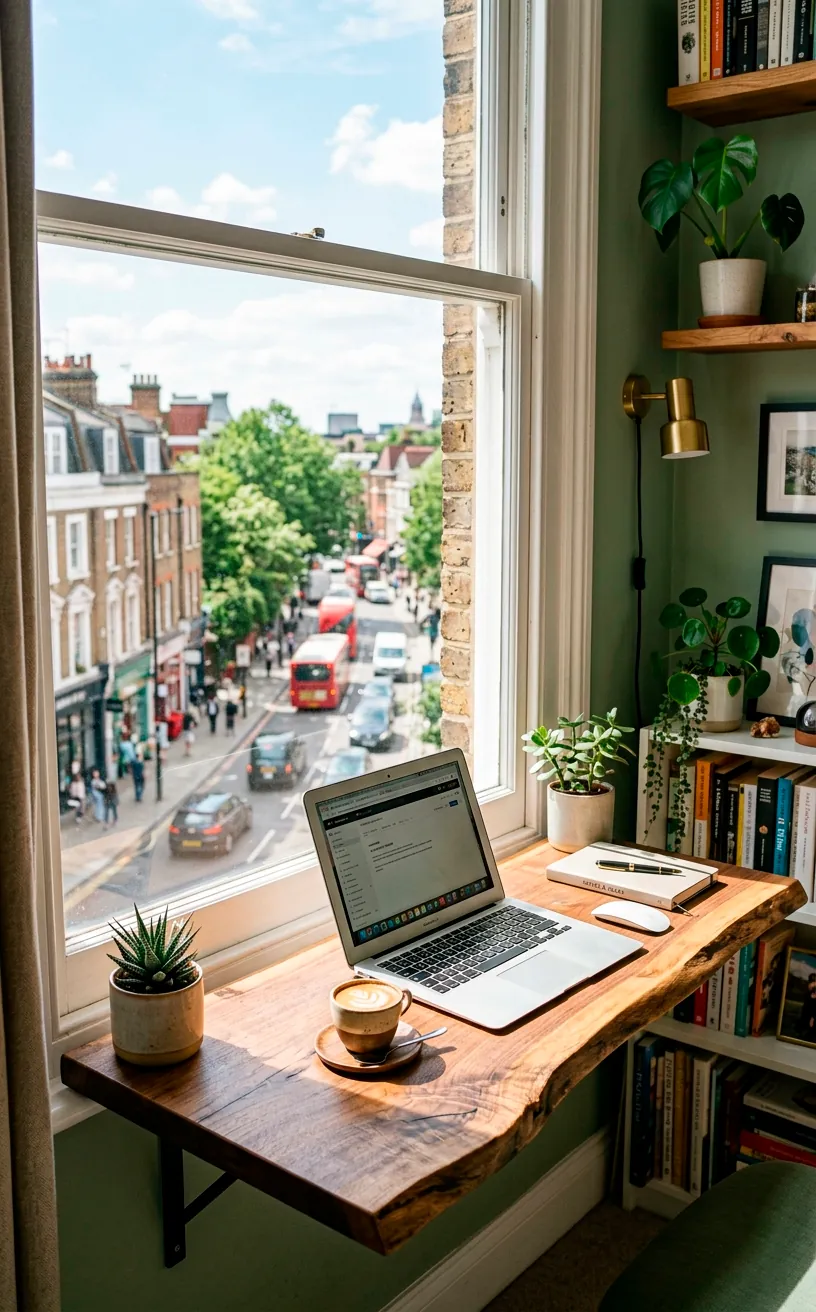 A window sill extended with a wooden slab to create a sun-drenched minimalist desk.