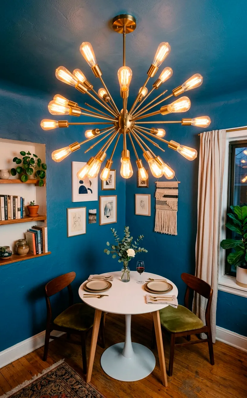 Compact brass Sputnik chandelier casting warm light in a small mid-century dining nook.