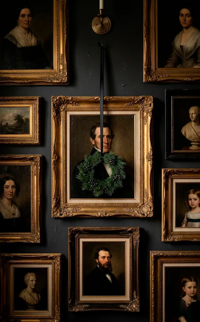 Miniature pine wreath hung over a vintage oil painting with black ribbon
