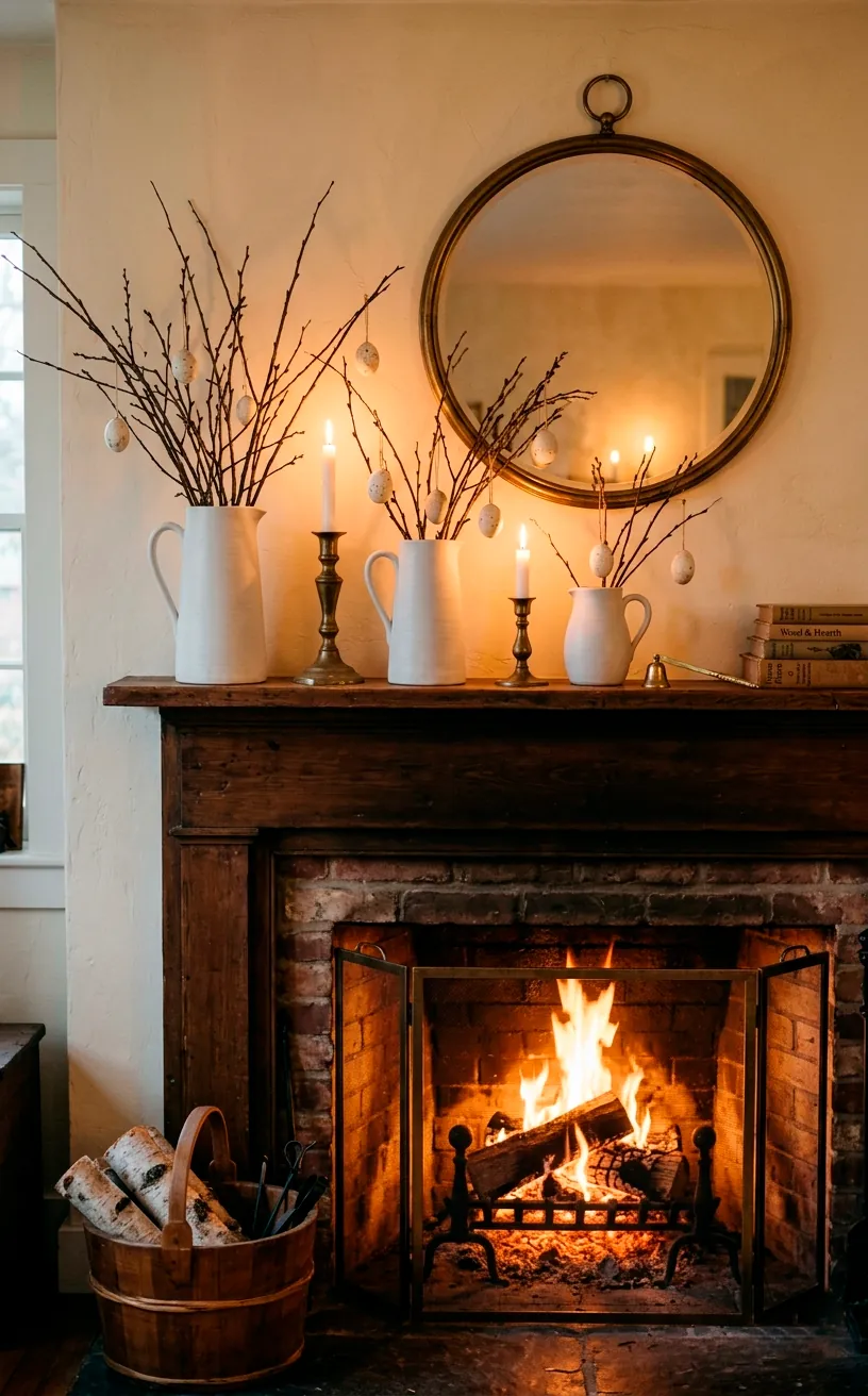 Fireplace mantel decorated with matte white pitchers, dark twigs, white eggs, and lit taper candles.