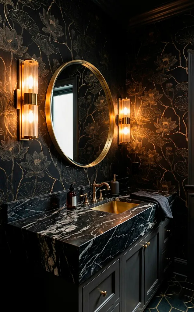 Black lotus wallpaper with gold veins in a luxury powder room