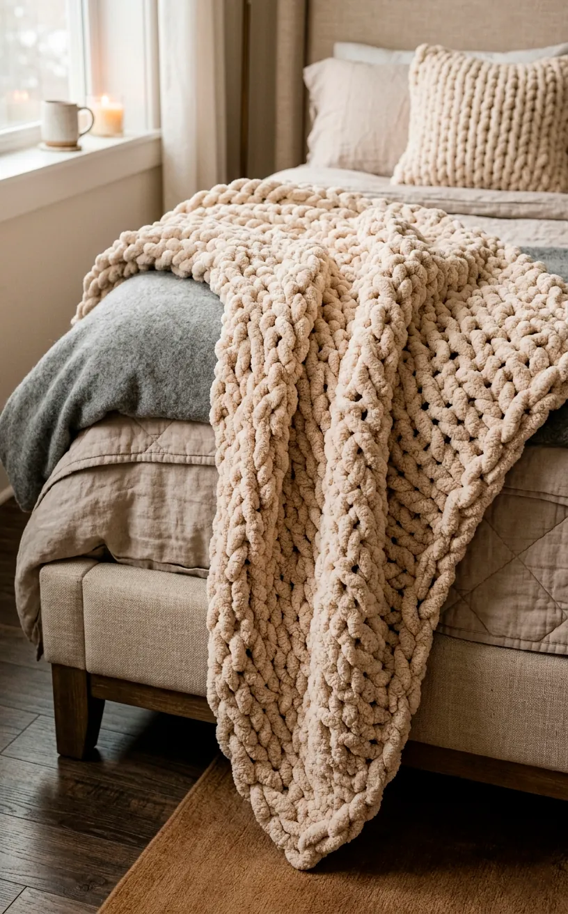 Chunky knit chenille throw blanket draped on a cozy winter bed.