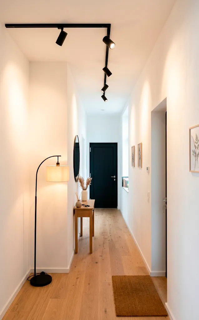 Modern narrow entryway with sleek track lighting washing bright white walls.