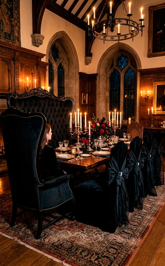 Black tufted wingback chair at the head of a gothic dining table