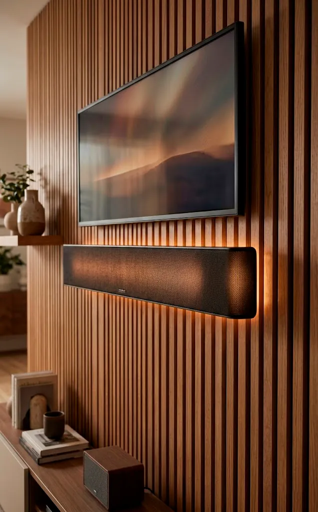 Sleek soundbar mounted under a flat screen TV.