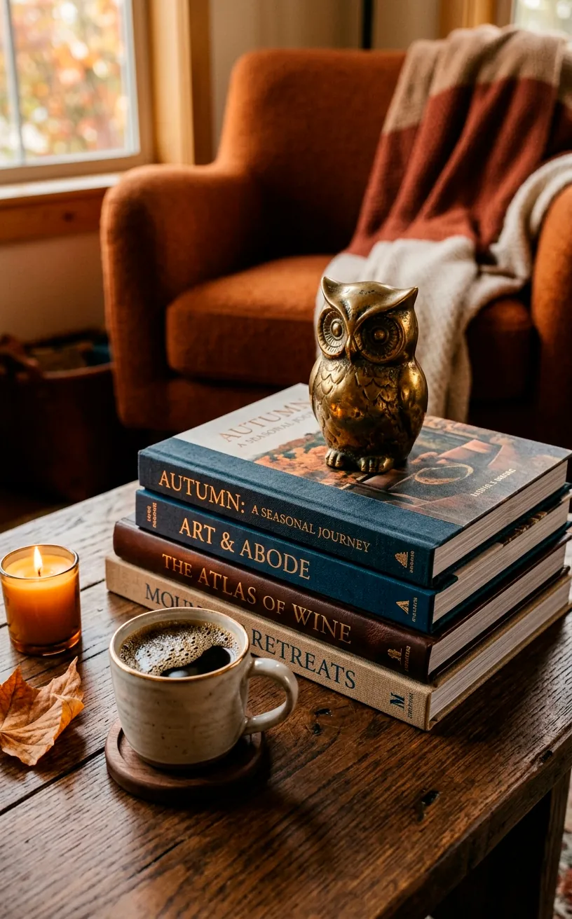 Stack of dark coffee table books topped with vintage brass decor
