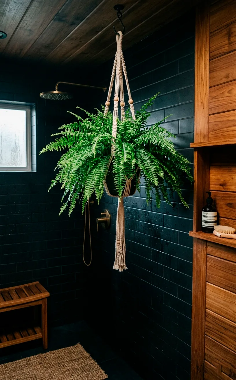 A vibrant green Boston fern hanging in a dark shower with black tiles and teak accents.
