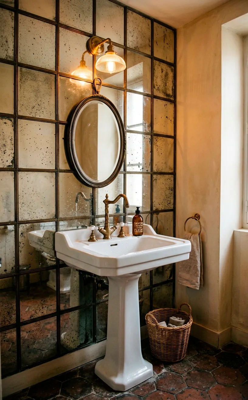 Grid of distressed vintage mirror panels behind a pedestal sink in a powder room