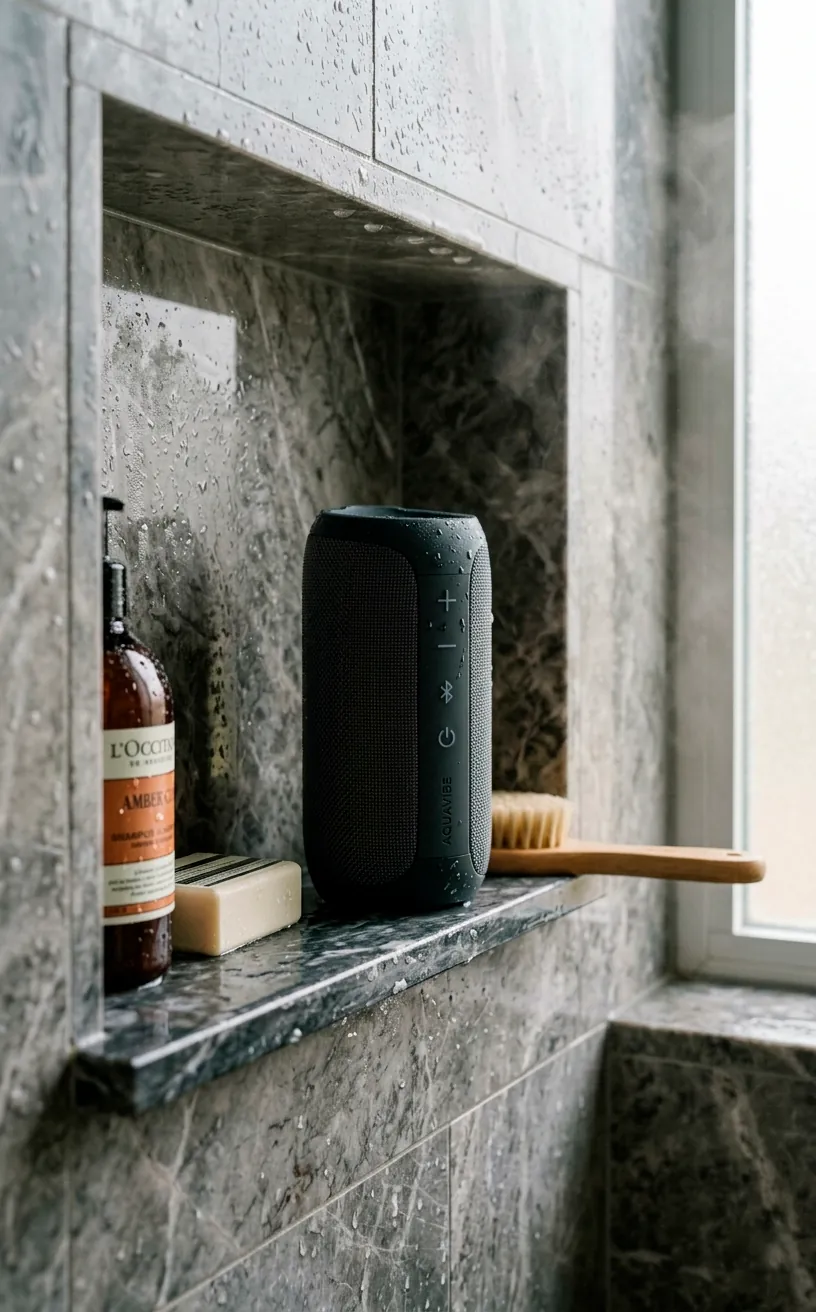 Small waterproof Bluetooth speaker sitting on a marble shower niche.