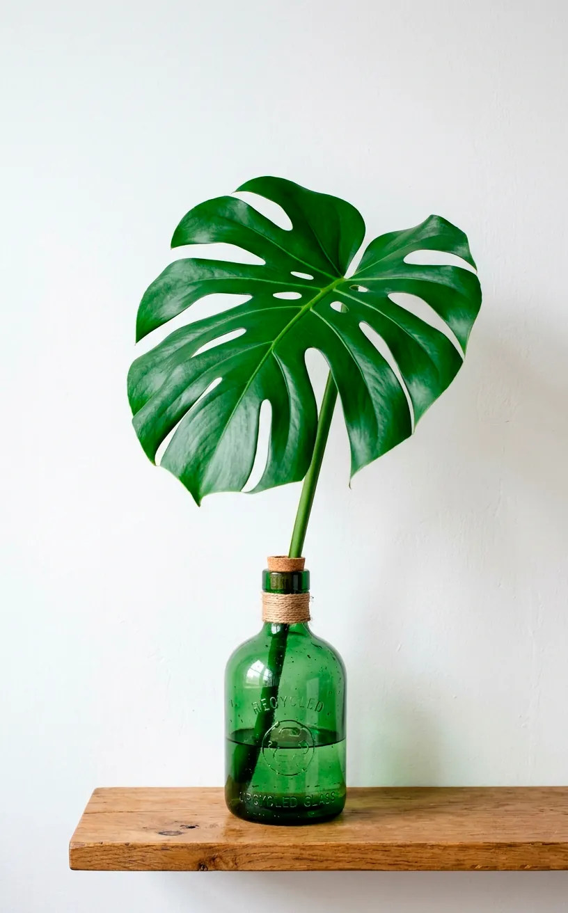 Minimalist emerald green glass vase displaying a single vibrant green monstera leaf against a white wall.