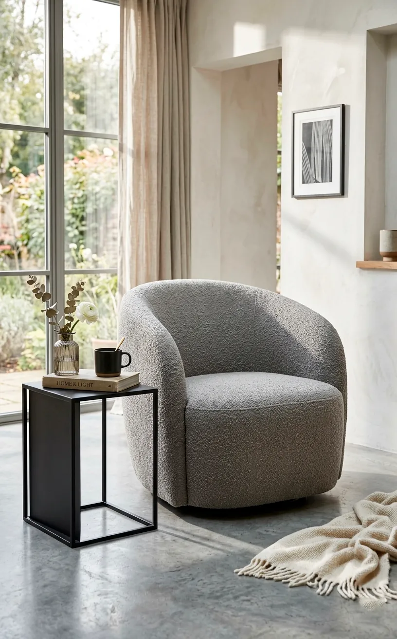 Curved dove gray bouclé accent chair sitting on a minimalist concrete floor.