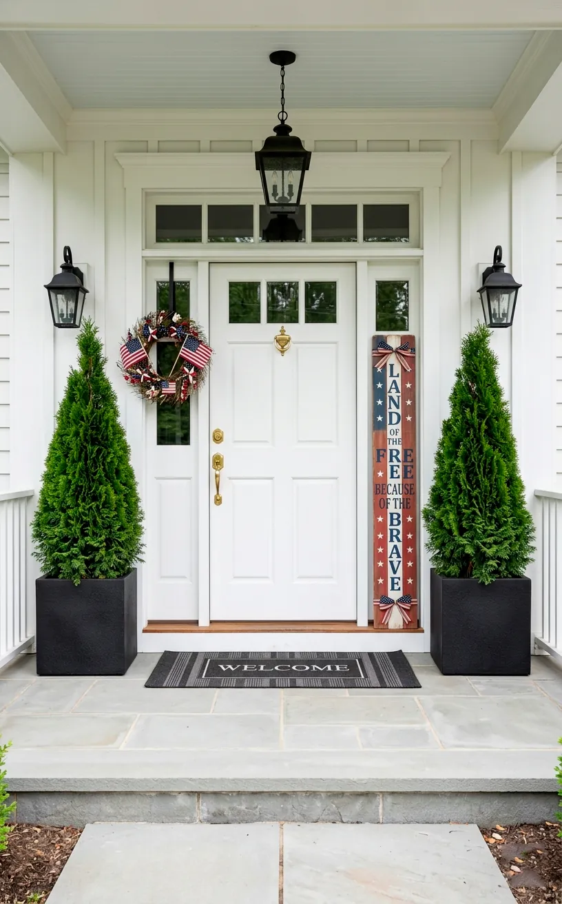 Patriotic vertical wooden sign flanked by two tall structured topiary trees in dark modern porch planters