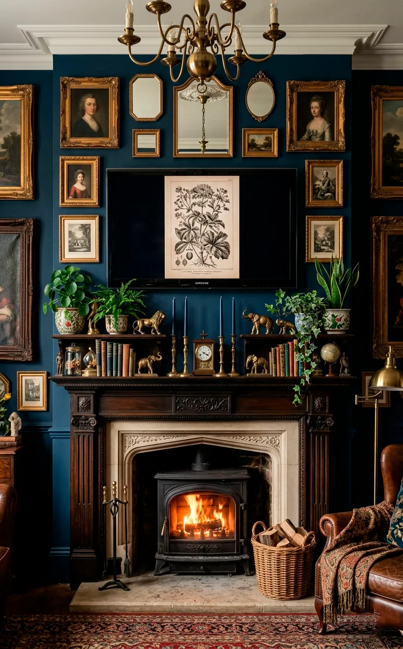 Maximalist symmetrical mantel decor featuring layered art and brass figurines