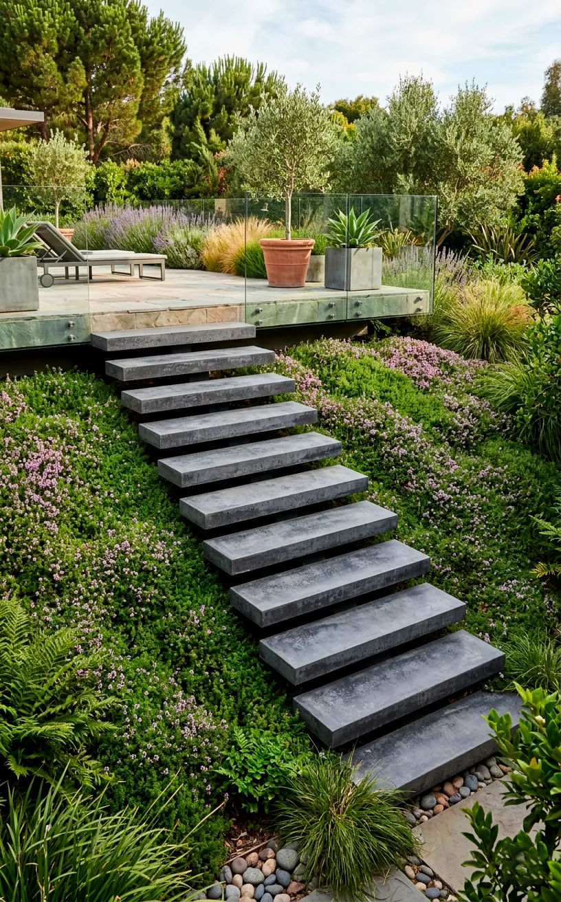 Wide floating concrete steps levitating over lush green ground cover from a patio.
