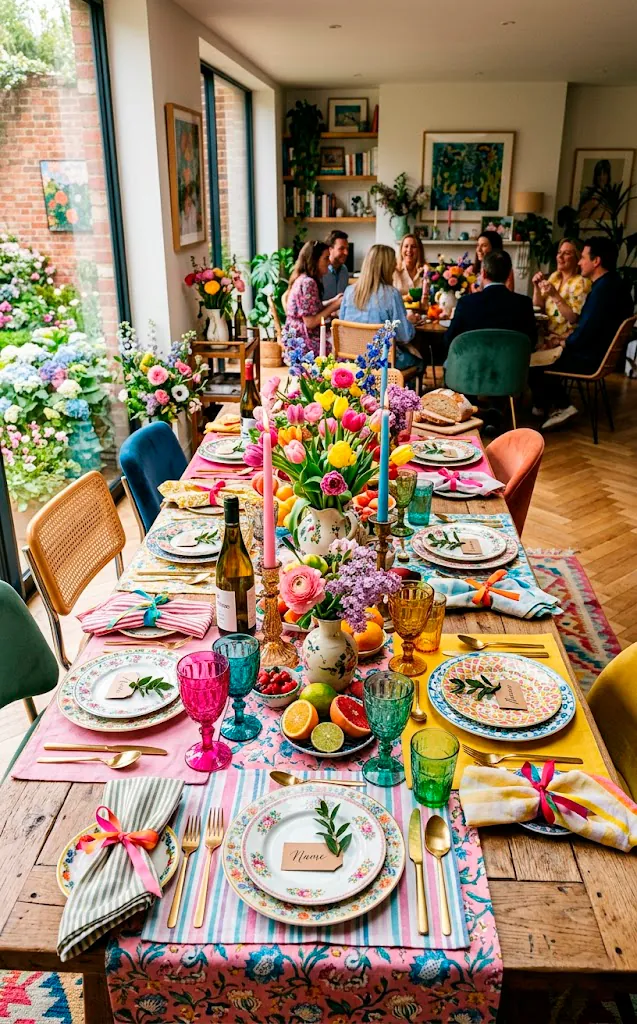 Perfectly balanced maximalist spring dining table ready for guests.