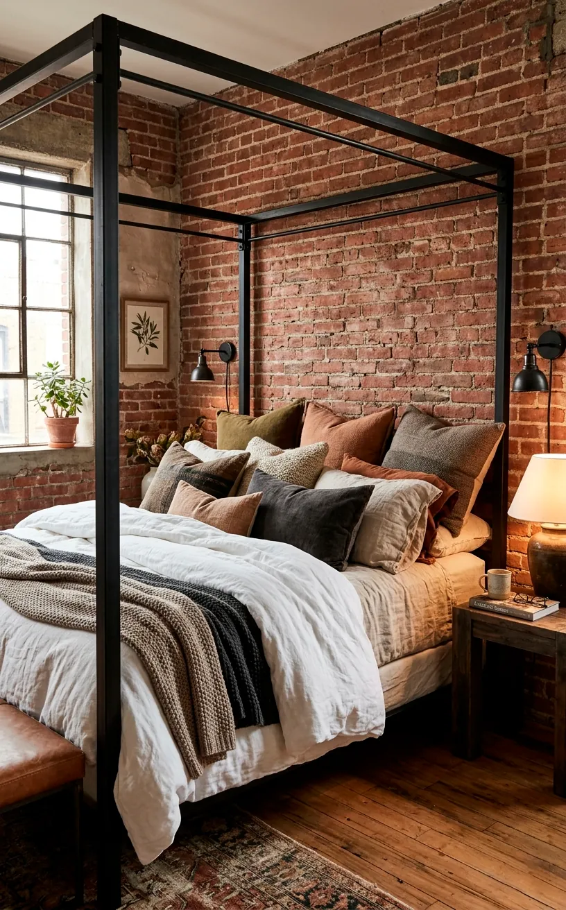 Black iron canopy bed frame softened by layers of plush white linen bedding and pillows