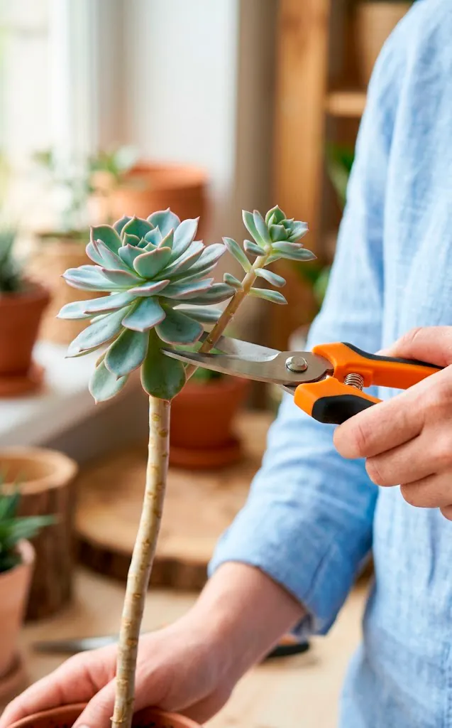 Clean garden shears cutting the top off a stretched succulent plant for propagation.