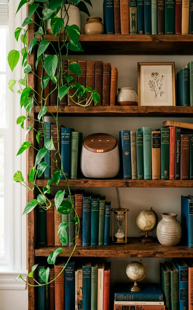 A stylish smart speaker disguised as decor on a bookshelf among vintage books.