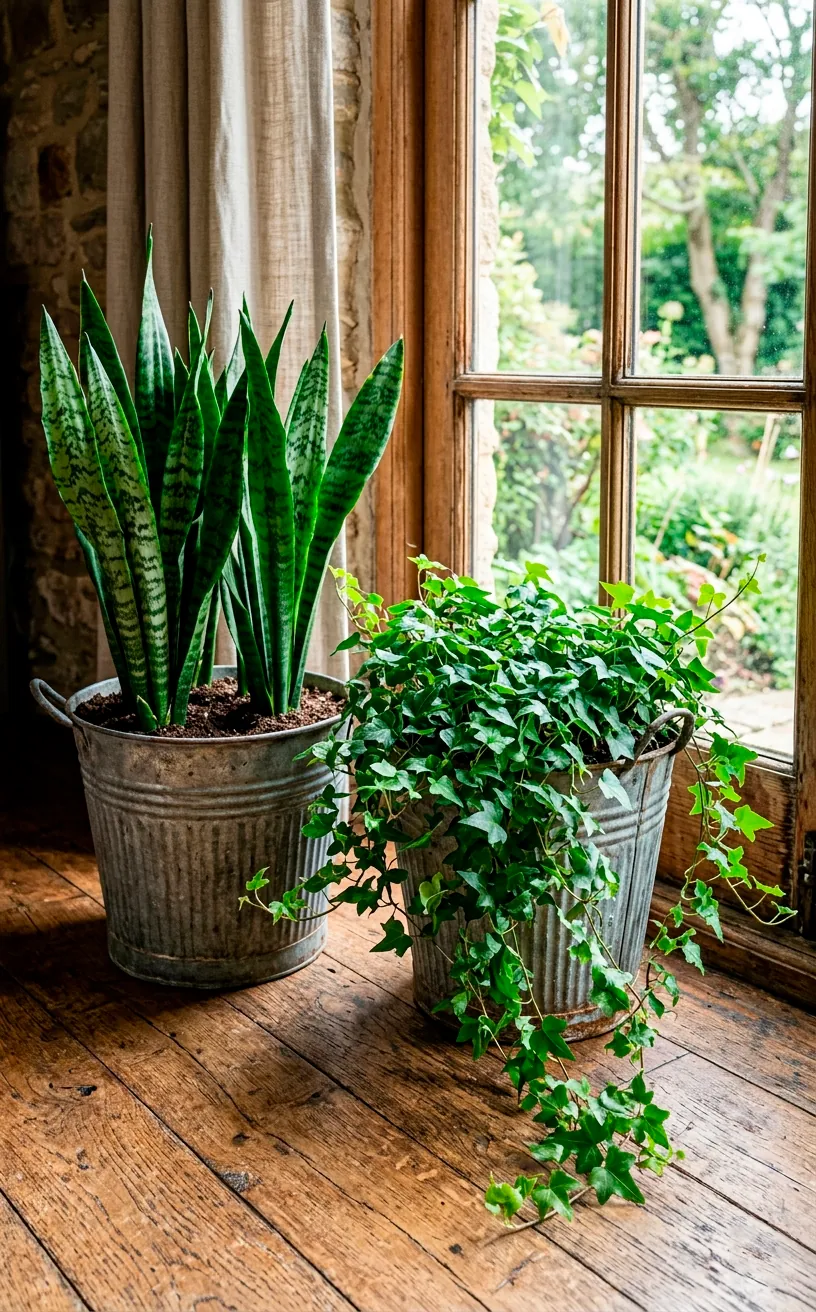 Green indoor plants inside ribbed galvanized metal bucket planters