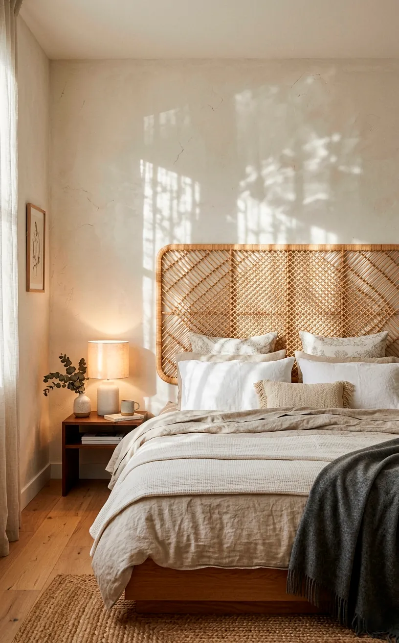 Floating wall-mounted open-weave rattan headboard casting beautiful shadows in a minimalist bedroom