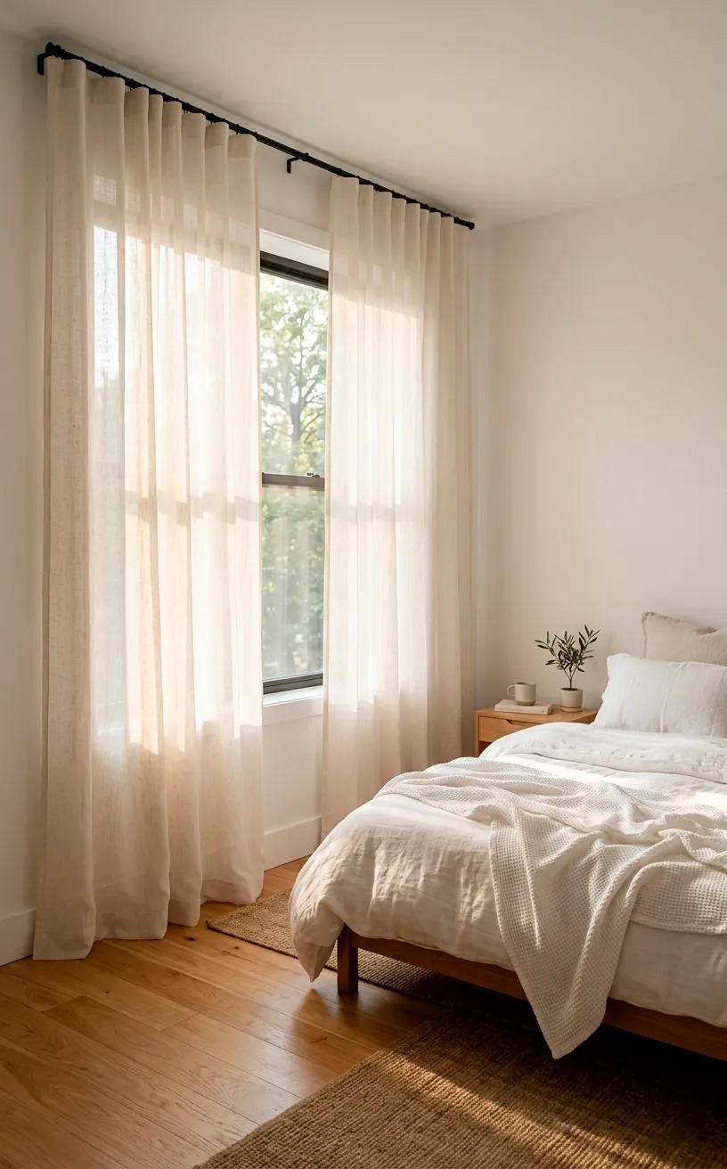 Floor to ceiling linen curtains installed high to create height in a small room.