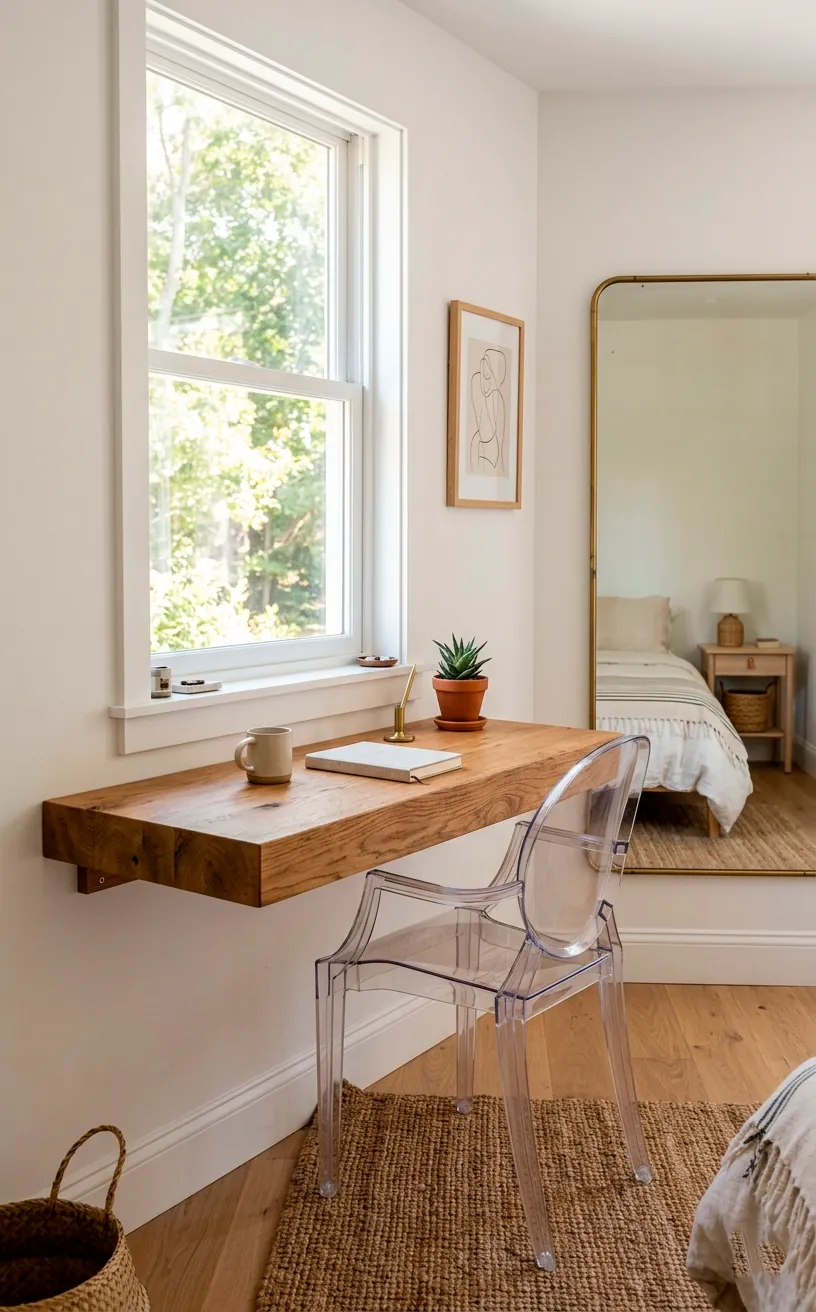 Minimalist wooden floating desk with an acrylic chair near a bright window
