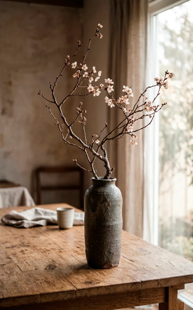 Sculptural dried cherry blossom branch in a tall ceramic vase on a minimalist wooden dining table.